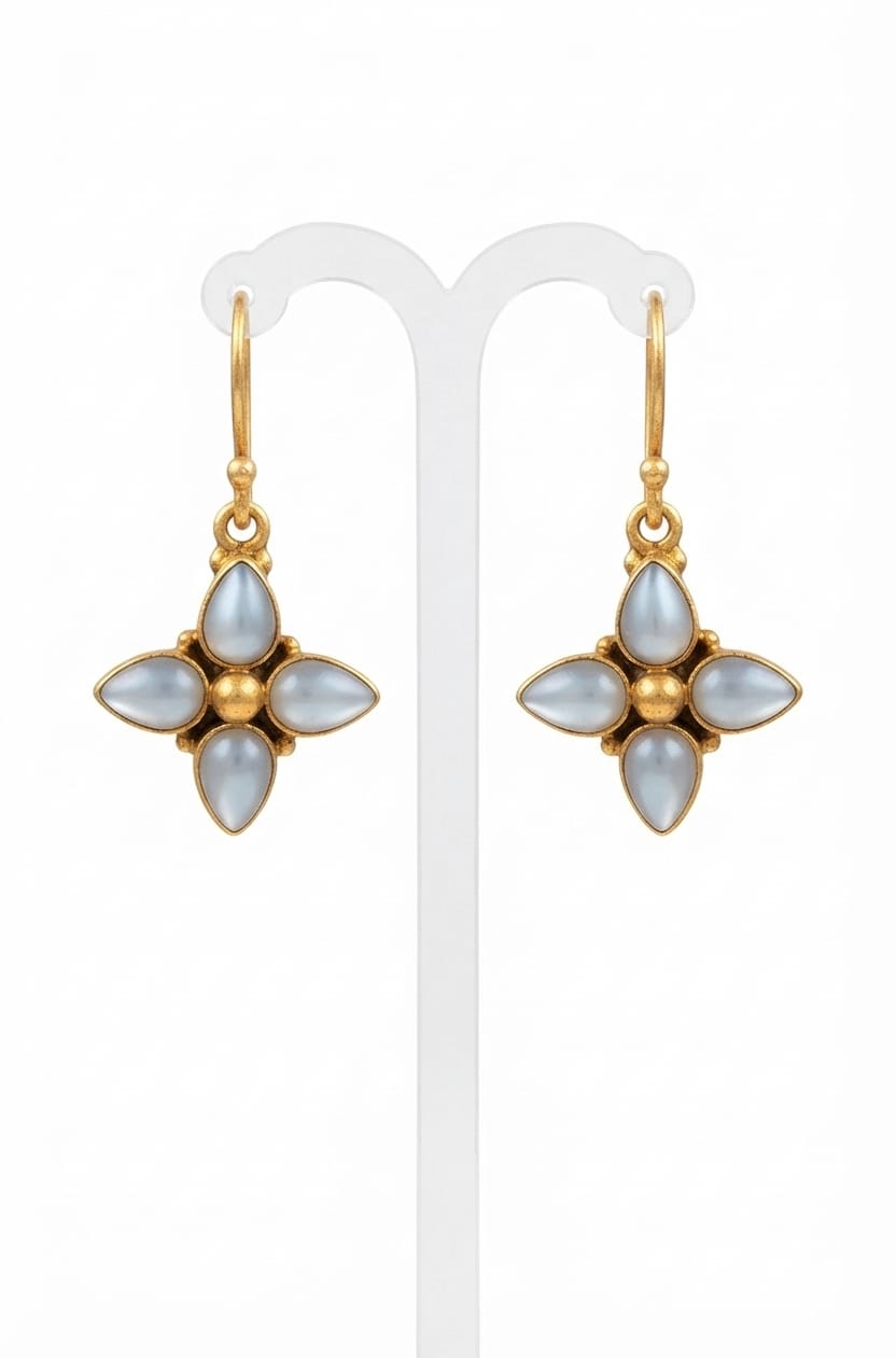 92.5 Sterling Silver Pearl Floral Cross Drop Earrings in Antique Gold Finish