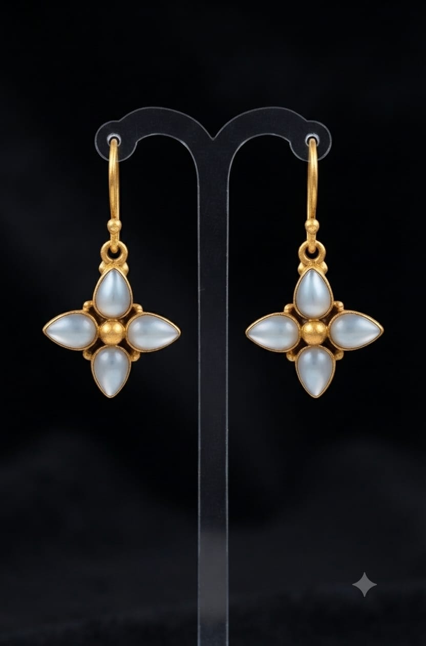 92.5 Sterling Silver Pearl Floral Cross Drop Earrings in Antique Gold Finish