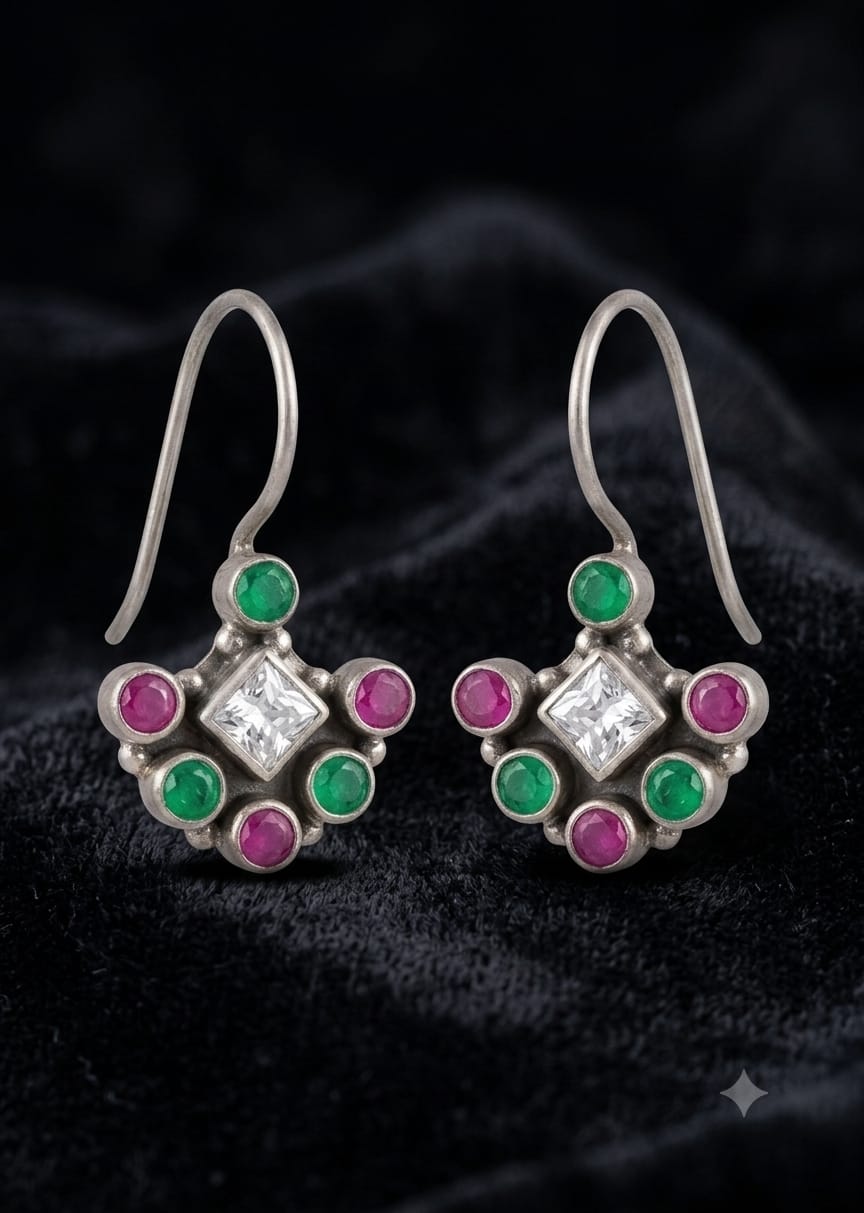 92.5 Sterling Silver Multicolor Gemstone Cluster Drop Earrings in Oxidized Finish