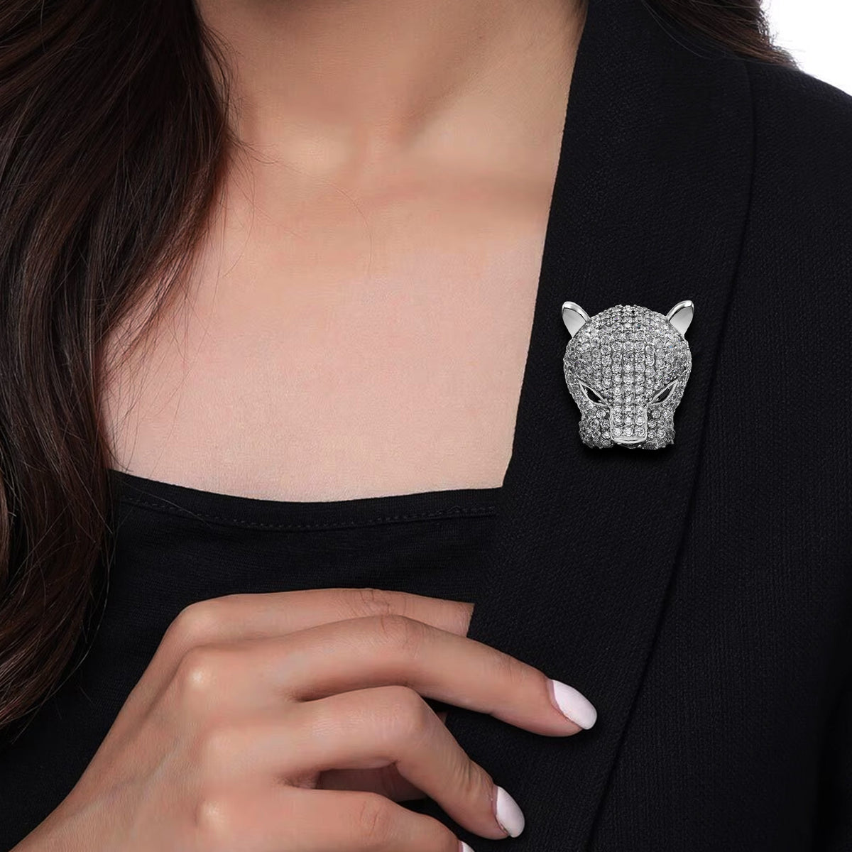 White Gold Plated Cubic Zirconias Panther Brooch on Coat