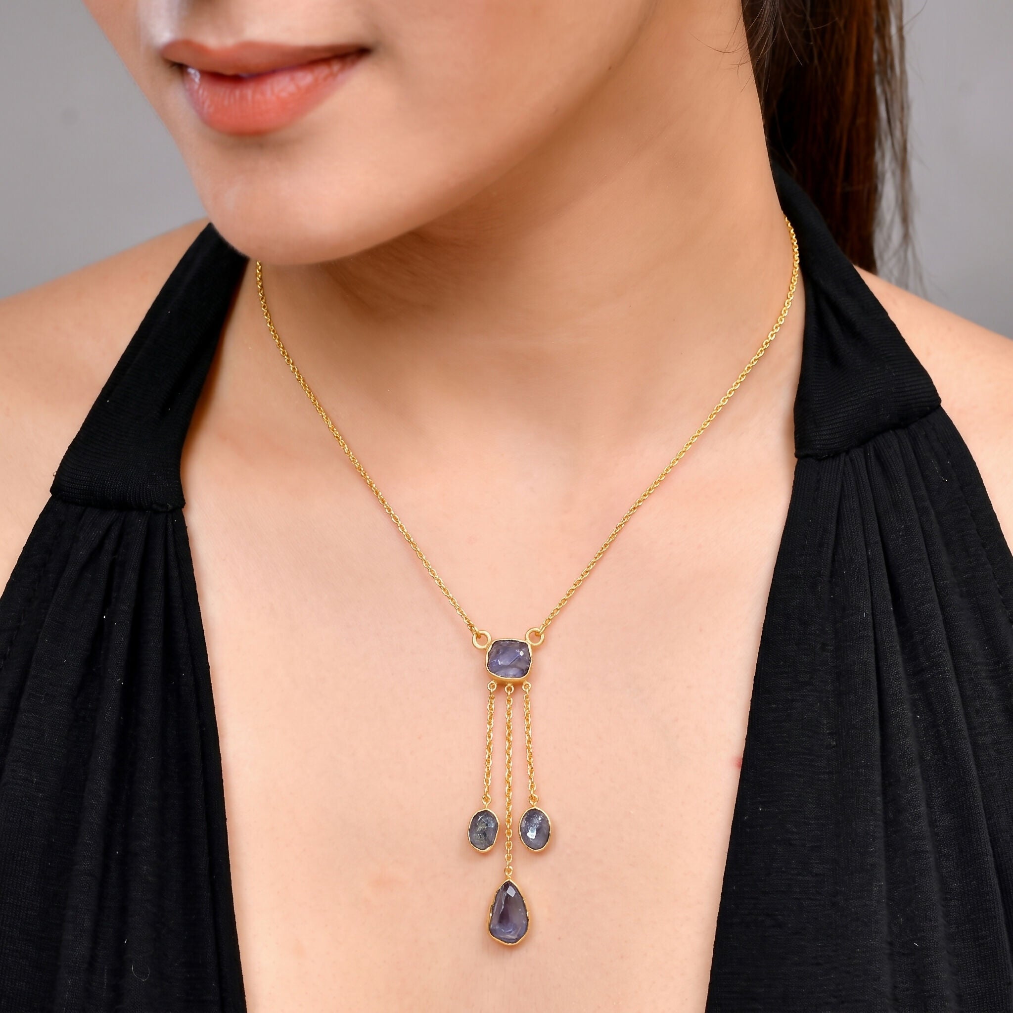 Natural Tanzanite Drop Necklace in Gold Plated 925 Sterling Silver | Celestial Collection