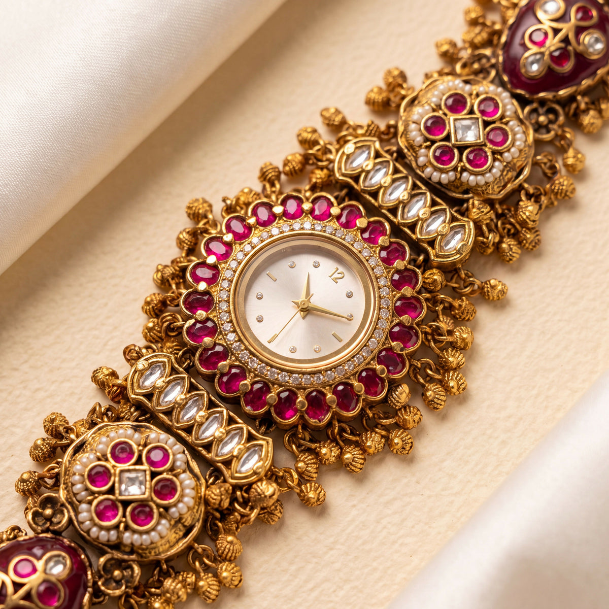 Antique Gold White Dial Ruby Bezel Kundan Bar Temple Ghungroo Bracelet Watch for Women & Girls | Stylish Watch | Wrist Watches for Girls | Ideal for gifting | Gift for Diwali, Christmas, Marriage, Birthday, anniversary, wedding