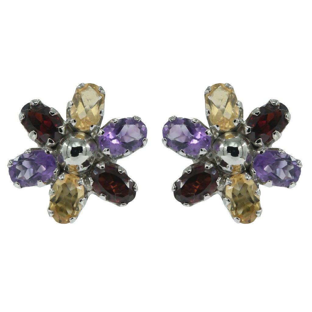 925 Sterling Silver Multistone Eartops for Women | Multicolor Gemstone Stud Earrings | Rhodium Finish Silver Jewelry