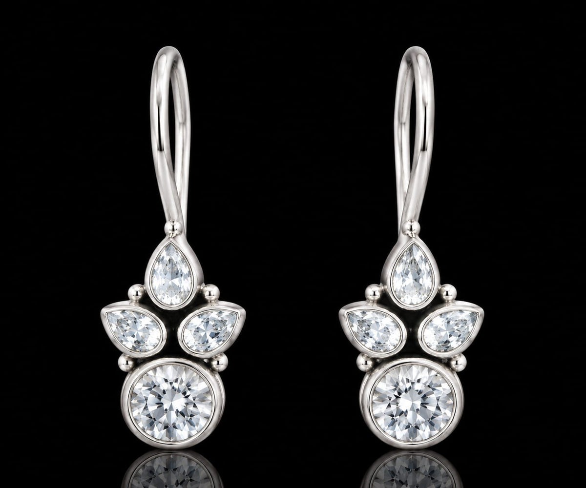 92.5 Sterling Silver Cubic Zirconia Crown Cluster Drop Earrings in White Rhodium