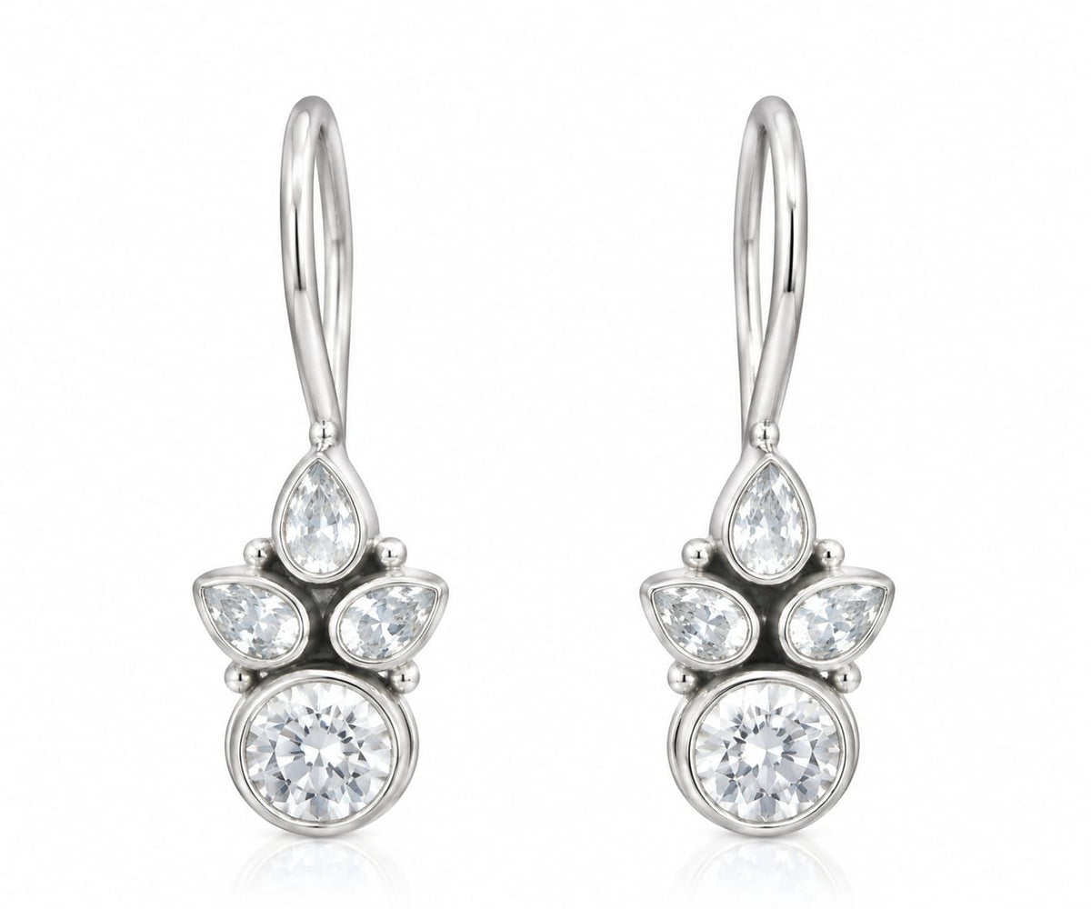 92.5 Sterling Silver Cubic Zirconia Crown Cluster Drop Earrings in White Rhodium