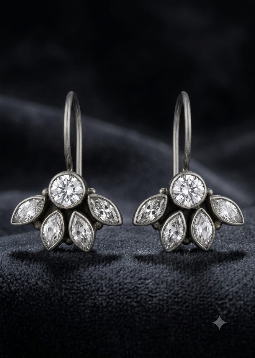 92.5 Sterling Silver Cubic Zirconia Lotus-Cluster Drop Earrings in Oxidized Finish