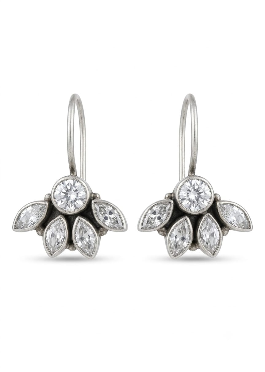 92.5 Sterling Silver Cubic Zirconia Lotus-Cluster Drop Earrings in Oxidized Finish