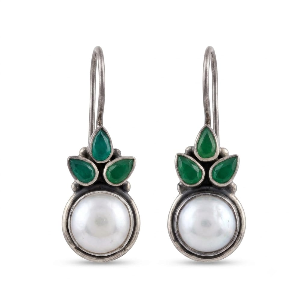 92.5 Sterling Silver Pearl & Green Chalcedony Drop Earrings in Oxidized Finish
