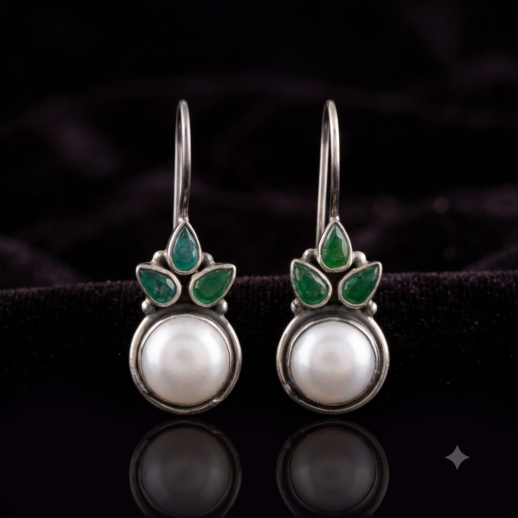 92.5 Sterling Silver Pearl & Green Chalcedony Drop Earrings in Oxidized Finish