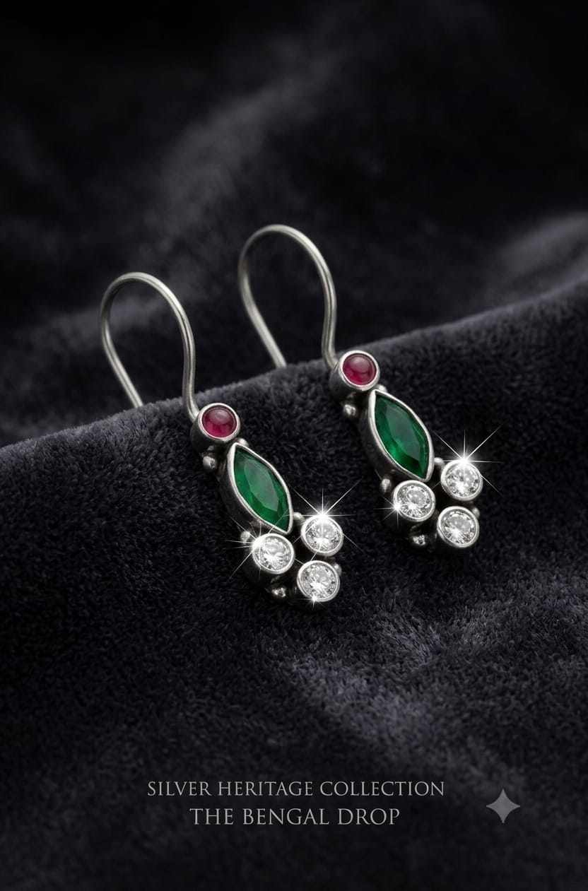 92.5 Sterling Silver Emerald & Ruby Gemstone Linear Drop Earrings in Oxidized Finish
