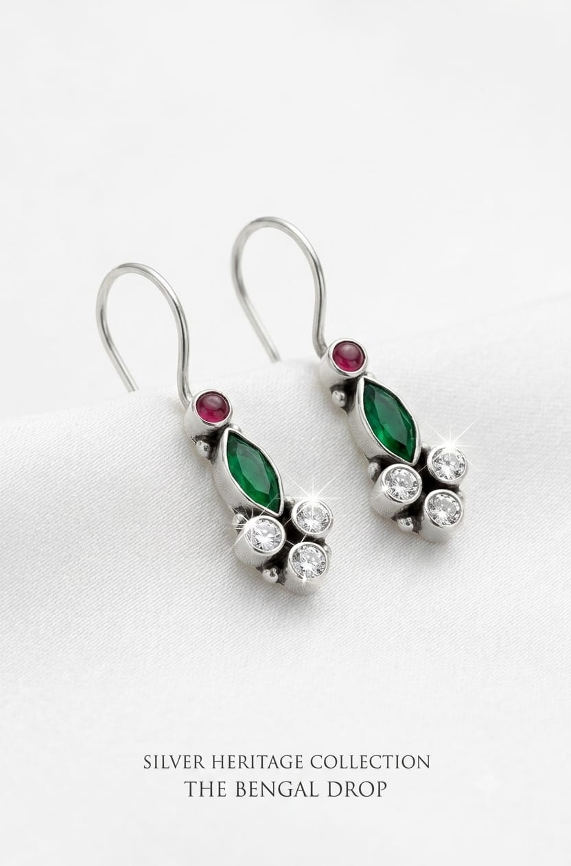 92.5 Sterling Silver Emerald & Ruby Gemstone Linear Drop Earrings in Oxidized Finish