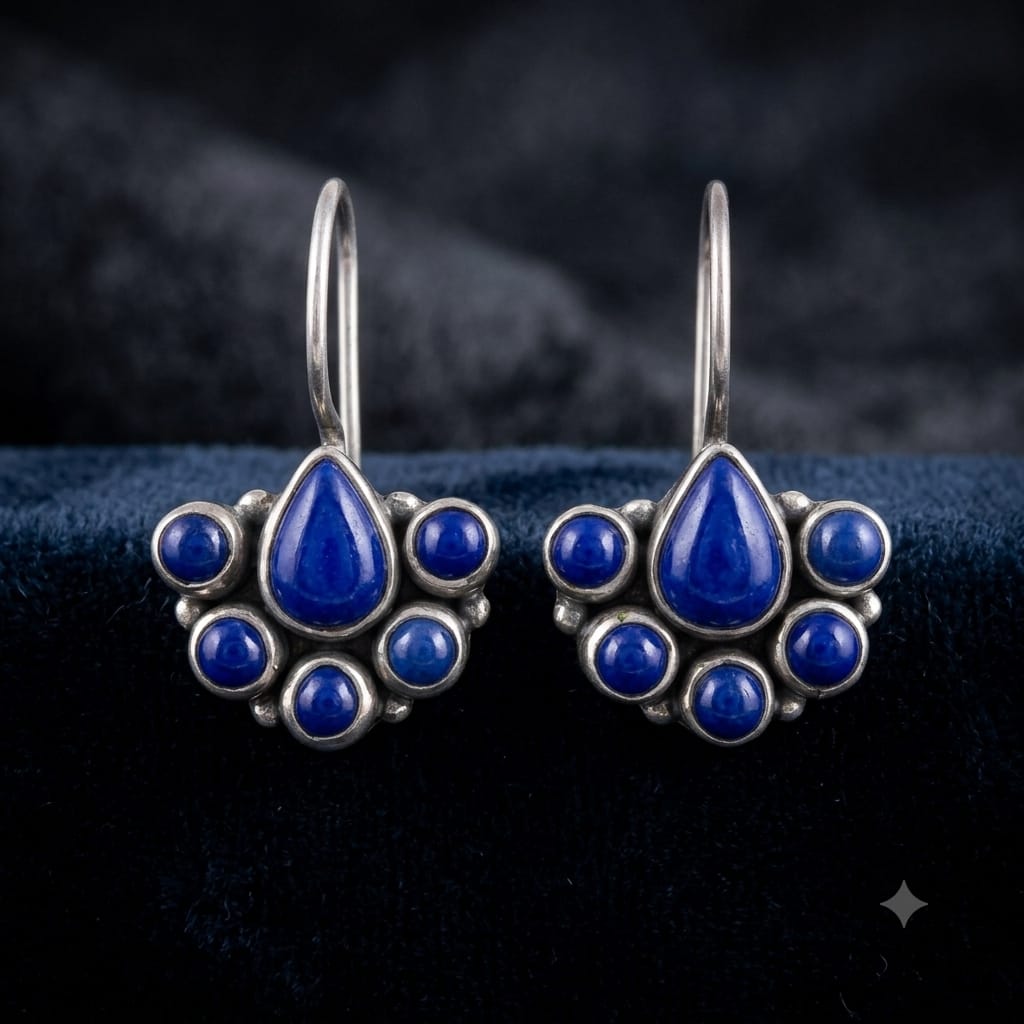 92.5 Sterling Silver Lapis Lazuli Fan-Cluster Drop Earrings in Oxidized Finish