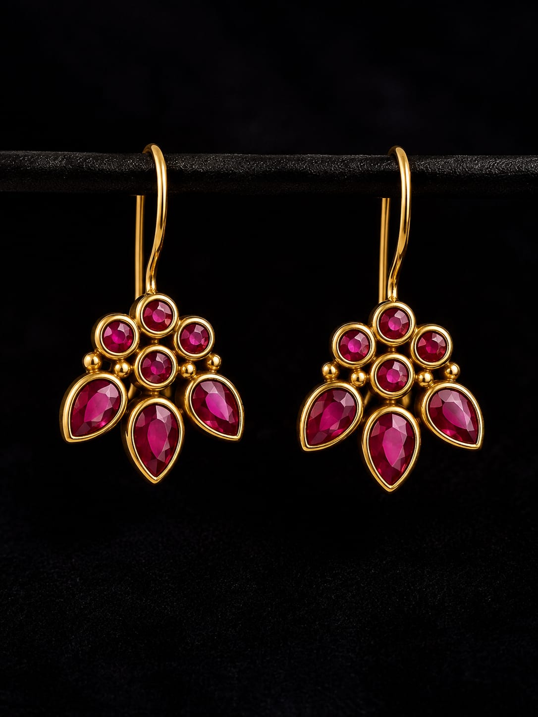 92.5 Sterling Silver Pink Ruby Cluster Drop Earrings in Gold-Vermeil