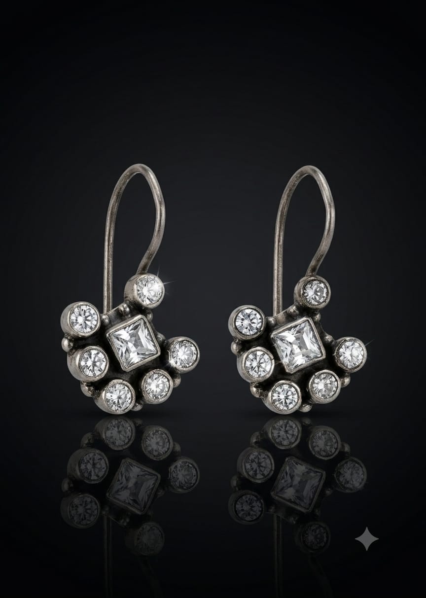 92.5 Sterling Silver Cubic Zirconia Cluster Drop Earrings in Oxidized Finish