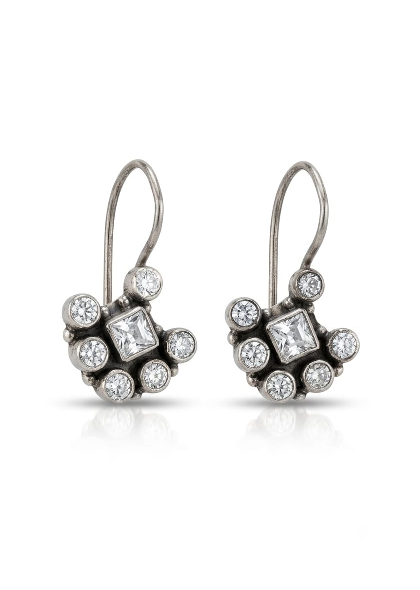 92.5 Sterling Silver Cubic Zirconia Cluster Drop Earrings in Oxidized Finish