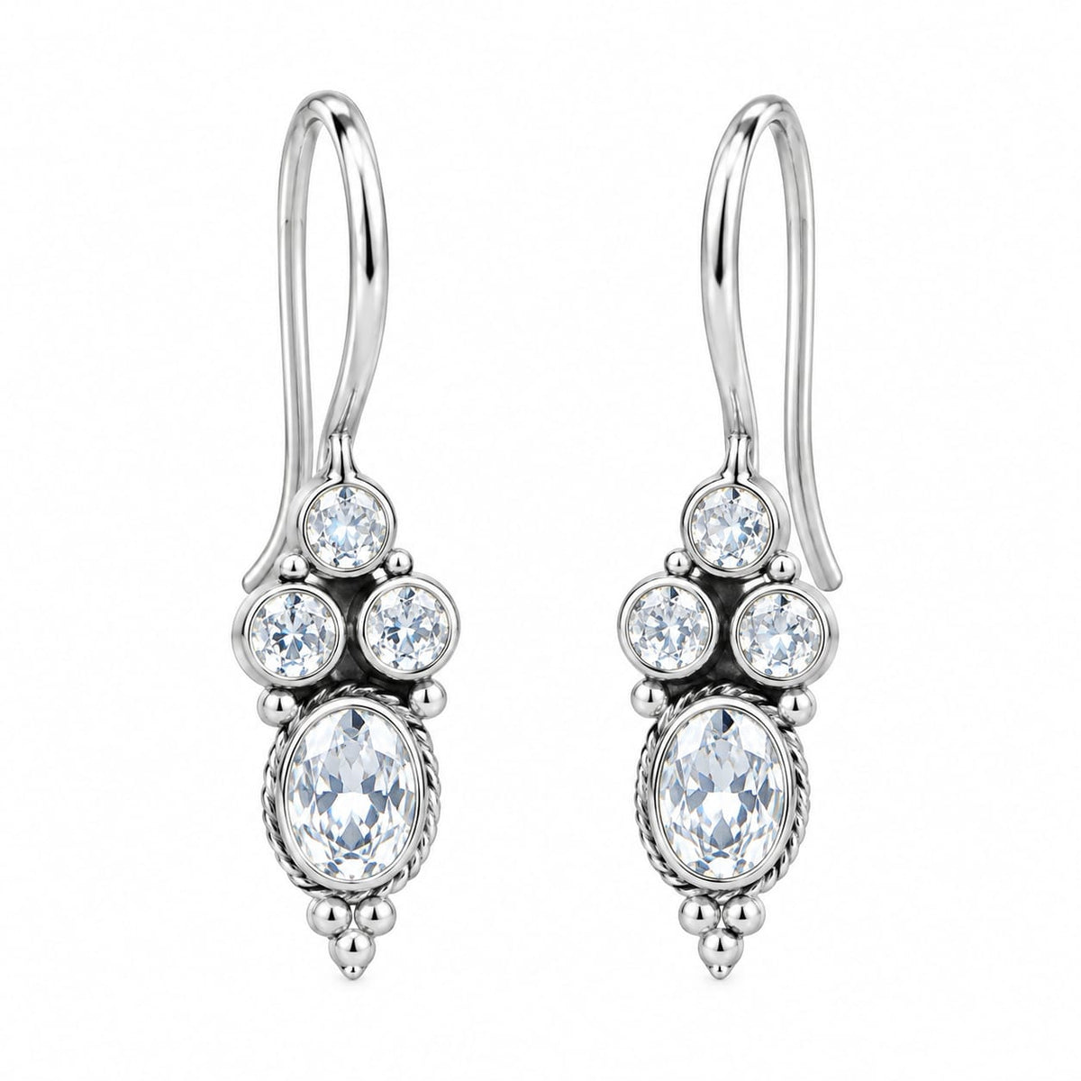 92.5 Sterling Silver Cubic Zirconia Oval Tiered Drop Earrings in White Rhodium