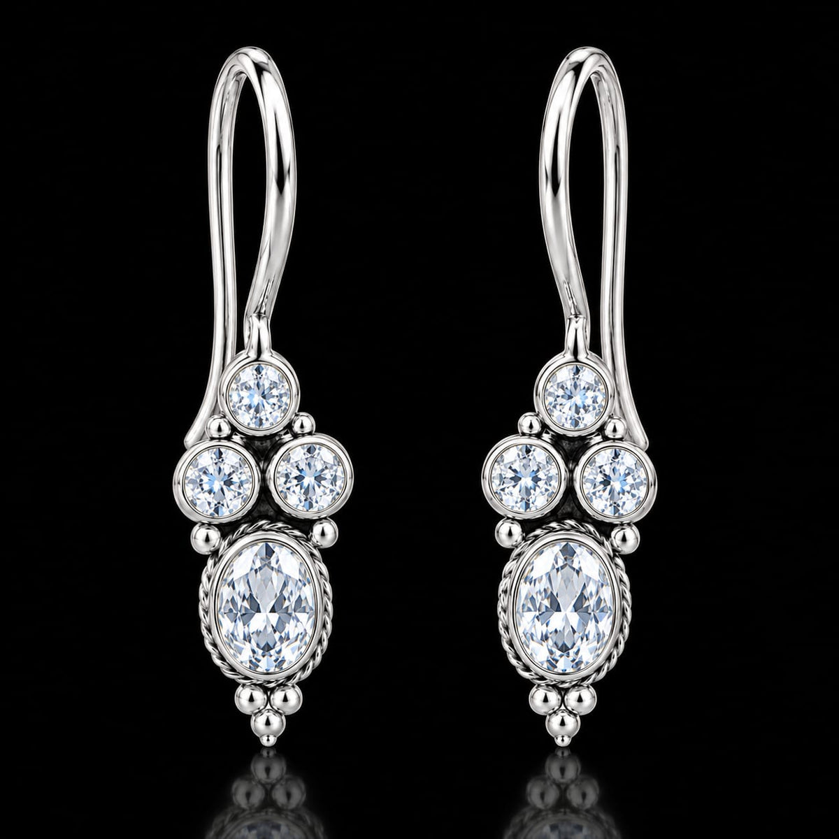 92.5 Sterling Silver Cubic Zirconia Oval Tiered Drop Earrings in White Rhodium