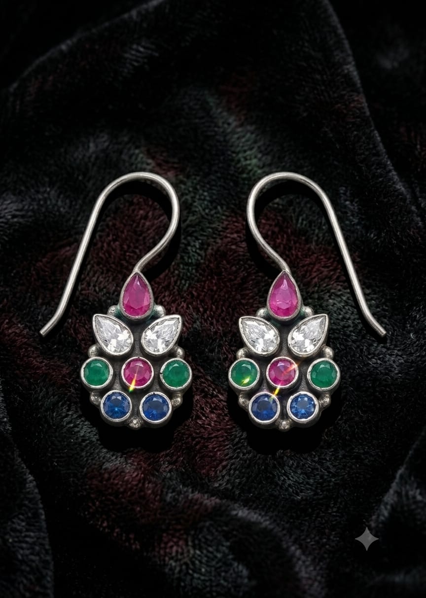92.5 Sterling Silver Navratna-Style Multicolor Gemstone Drop Earrings in Oxidized Finish