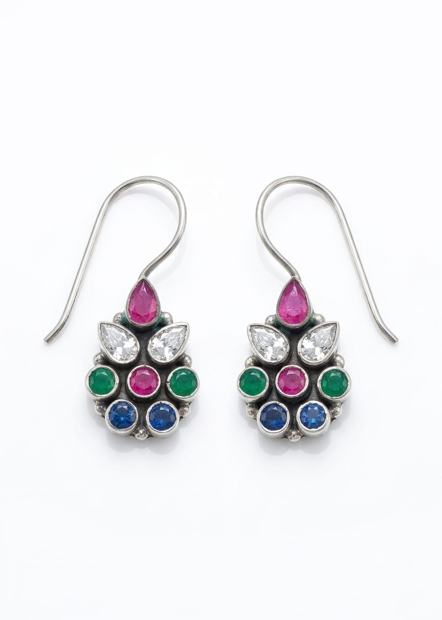 92.5 Sterling Silver Navratna-Style Multicolor Gemstone Drop Earrings in Oxidized Finish