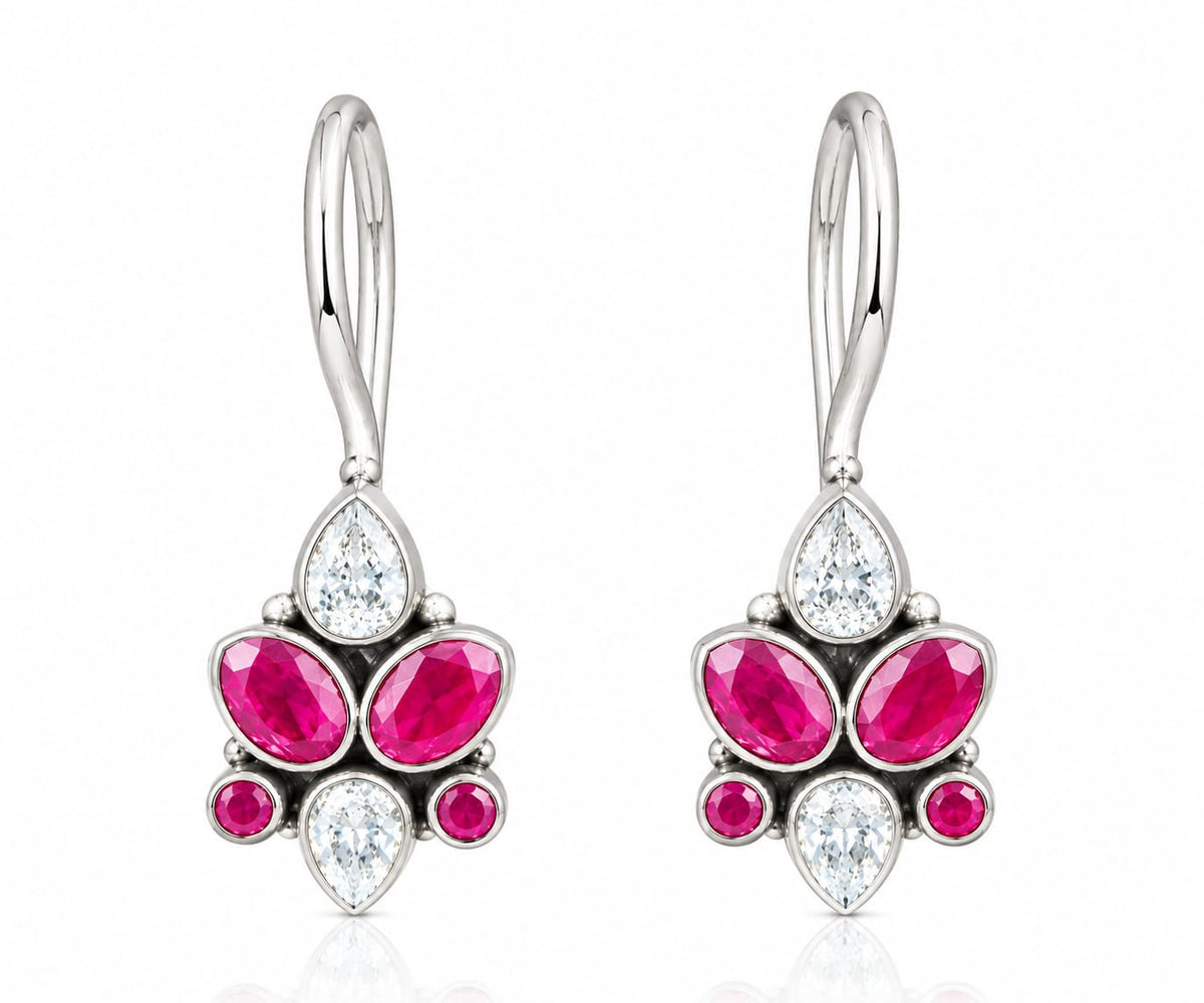 92.5 Sterling Silver Pink Ruby & Cubic Zirconia Cluster Drop Earrings in White Rhodium