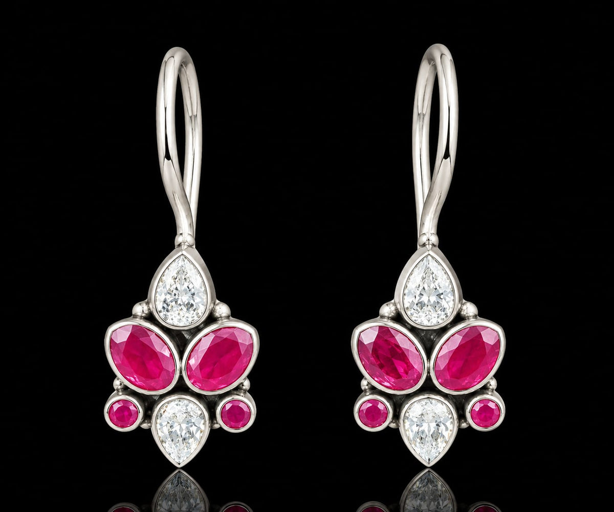 92.5 Sterling Silver Pink Ruby & Cubic Zirconia Cluster Drop Earrings in White Rhodium