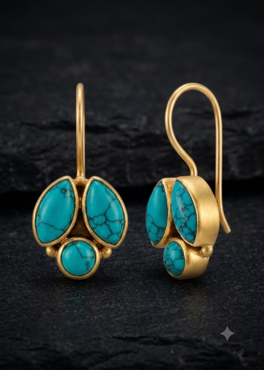 92.5 Sterling Silver Turquoise Tri-Cluster Drop Earrings in Gold-Vermeil