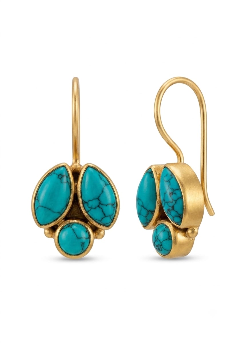 92.5 Sterling Silver Turquoise Tri-Cluster Drop Earrings in Gold-Vermeil