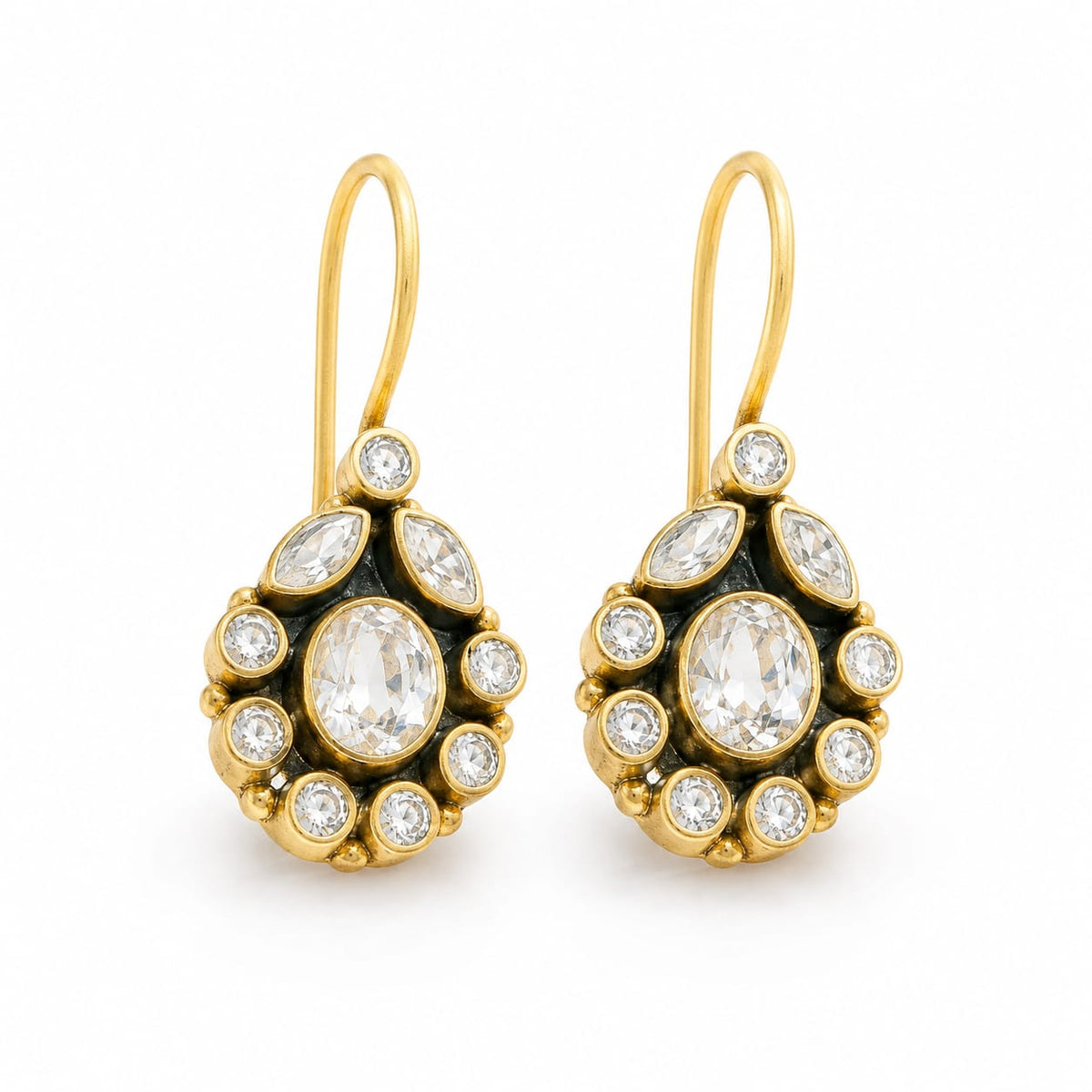 92.5 Sterling Silver Cubic Zirconia Teardrop Medallion Earrings in Gold-Vermeil