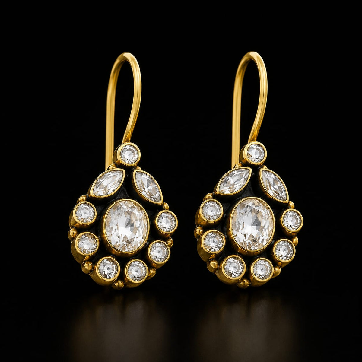 92.5 Sterling Silver Cubic Zirconia Teardrop Medallion Earrings in Gold-Vermeil