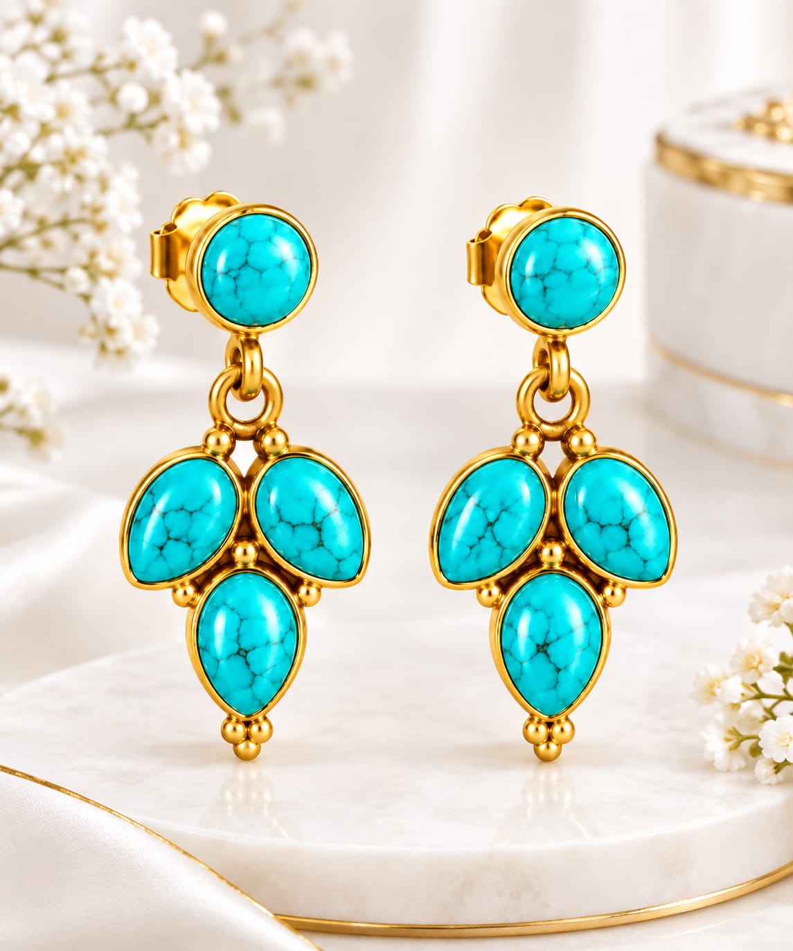 92.5 Sterling Silver Turquoise Cluster Stud Drop Earrings in Gold-Vermeil