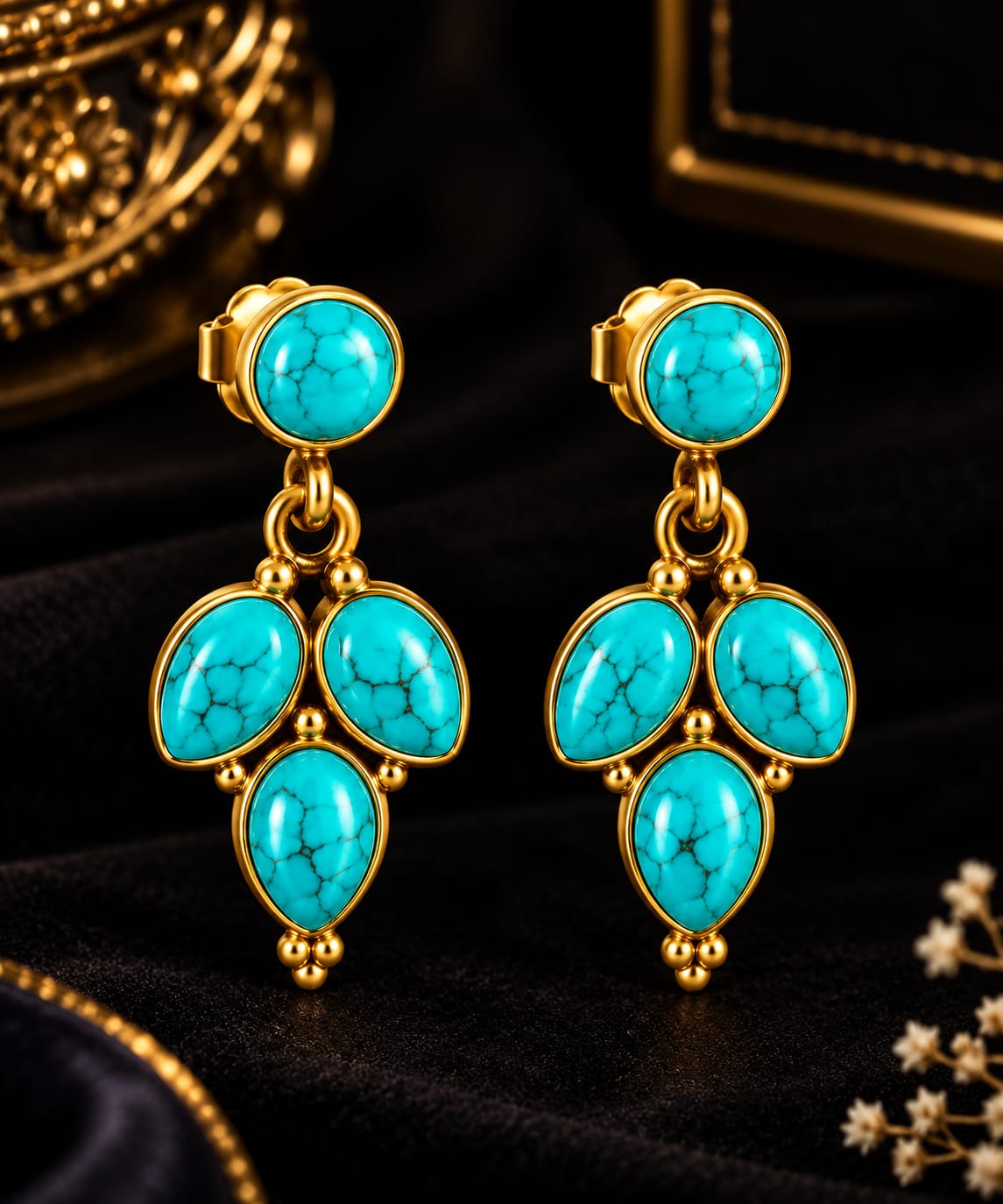 92.5 Sterling Silver Turquoise Cluster Stud Drop Earrings in Gold-Vermeil