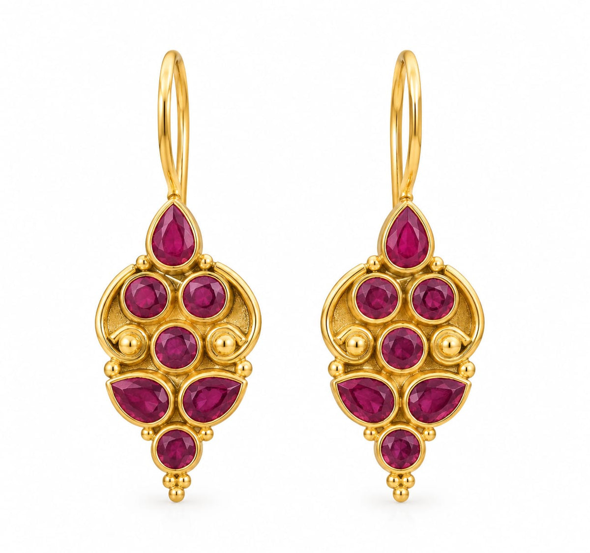 92.5 Sterling Silver Pink Ruby Medallion Drop Earrings in Gold-Vermeil