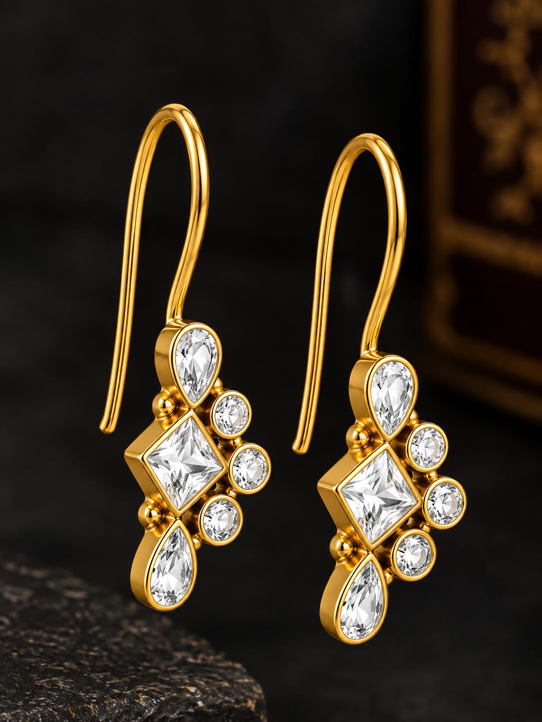 92.5 Sterling Silver Cubic Zirconia Geometric Cluster Drop Earrings in Gold-Vermeil