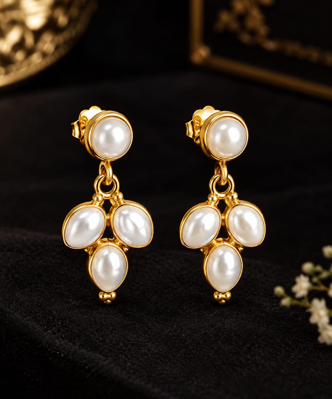 92.5 Sterling Silver Pearl Cluster Stud Drop Earrings in Gold-Vermeil