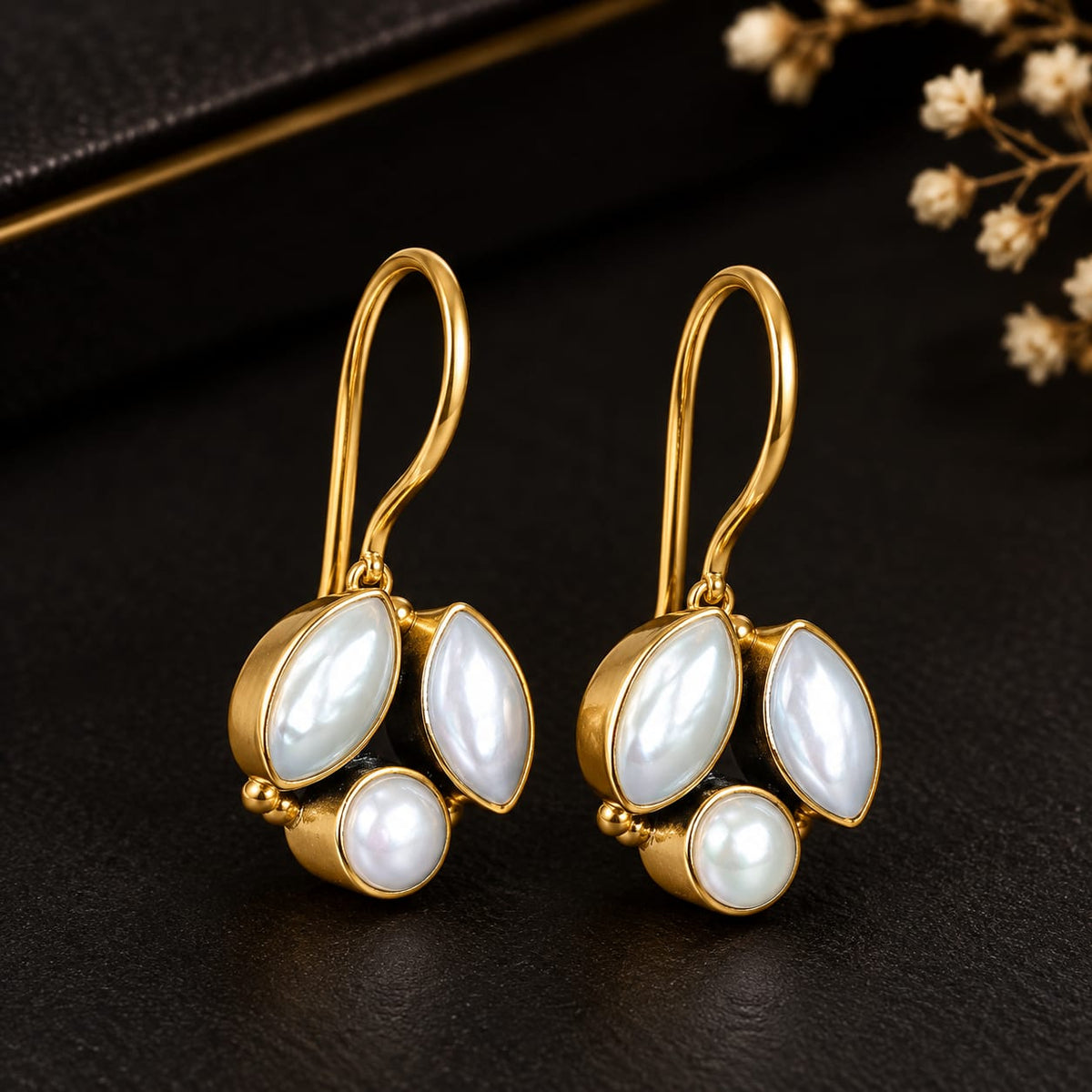 92.5 Sterling Silver Pearl Tri-Cluster Drop Earrings in Gold-Vermeil