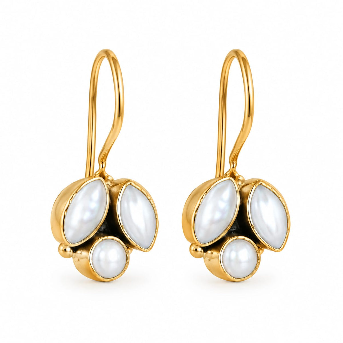 92.5 Sterling Silver Pearl Tri-Cluster Drop Earrings in Gold-Vermeil
