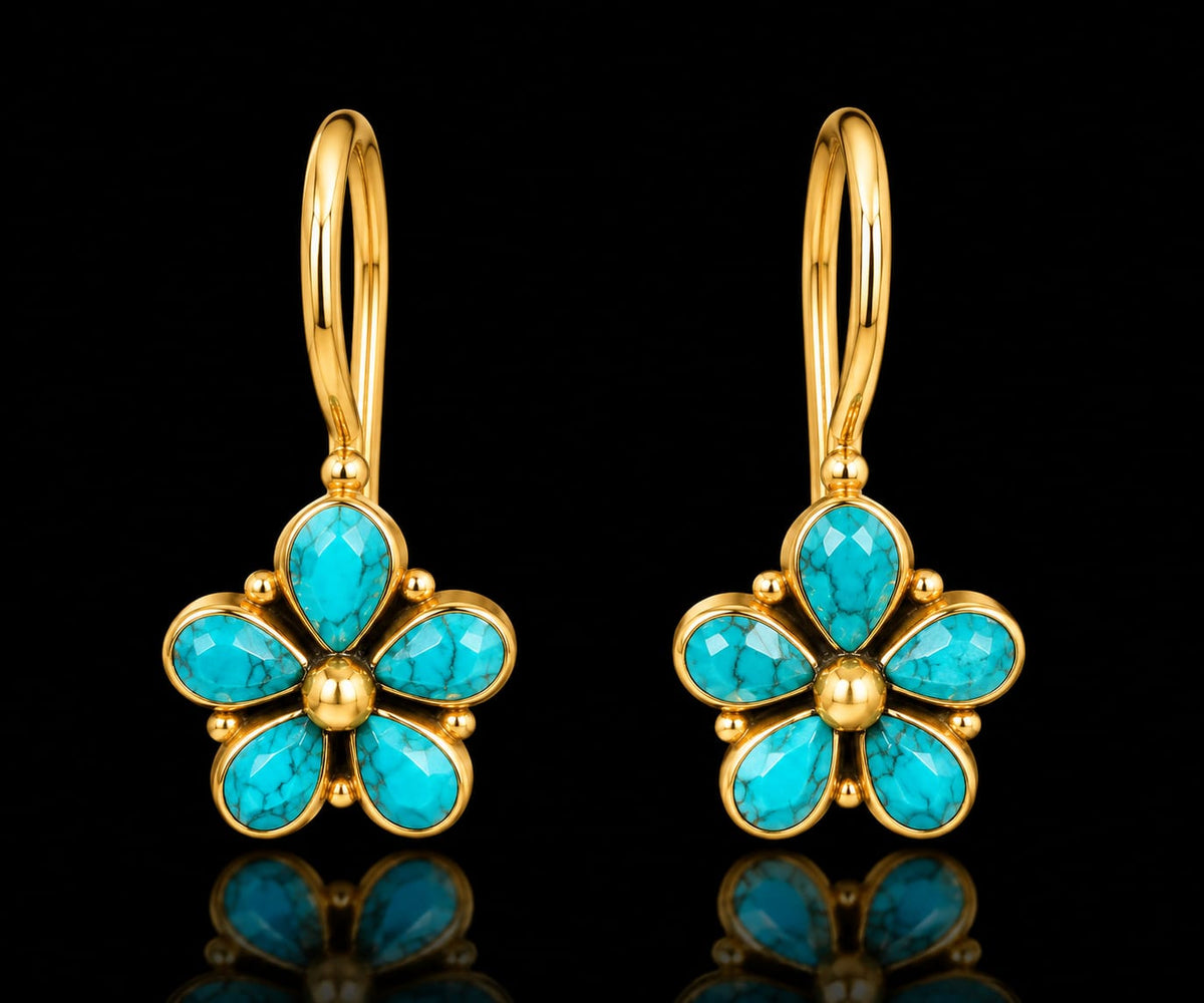 92.5 Sterling Silver Turquoise Flower Drop Earrings in Gold-Vermeil