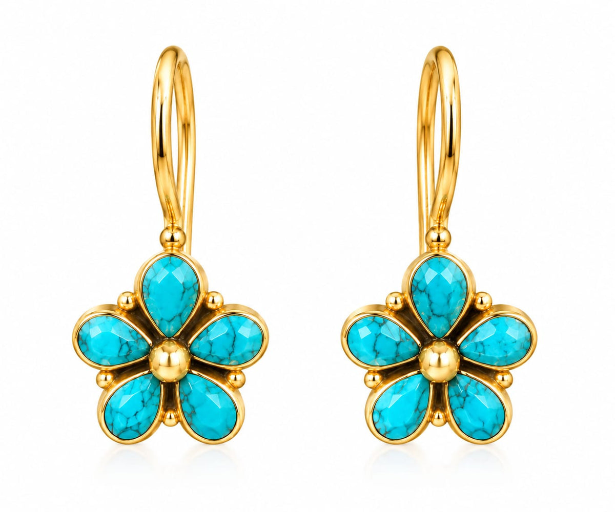 92.5 Sterling Silver Turquoise Flower Drop Earrings in Gold-Vermeil