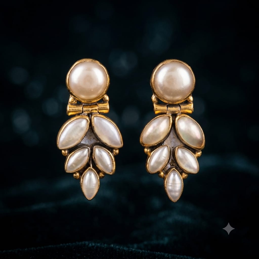 92.5 Sterling Silver Pearl Leaf Cluster Drop Earrings in Gold-Vermeil