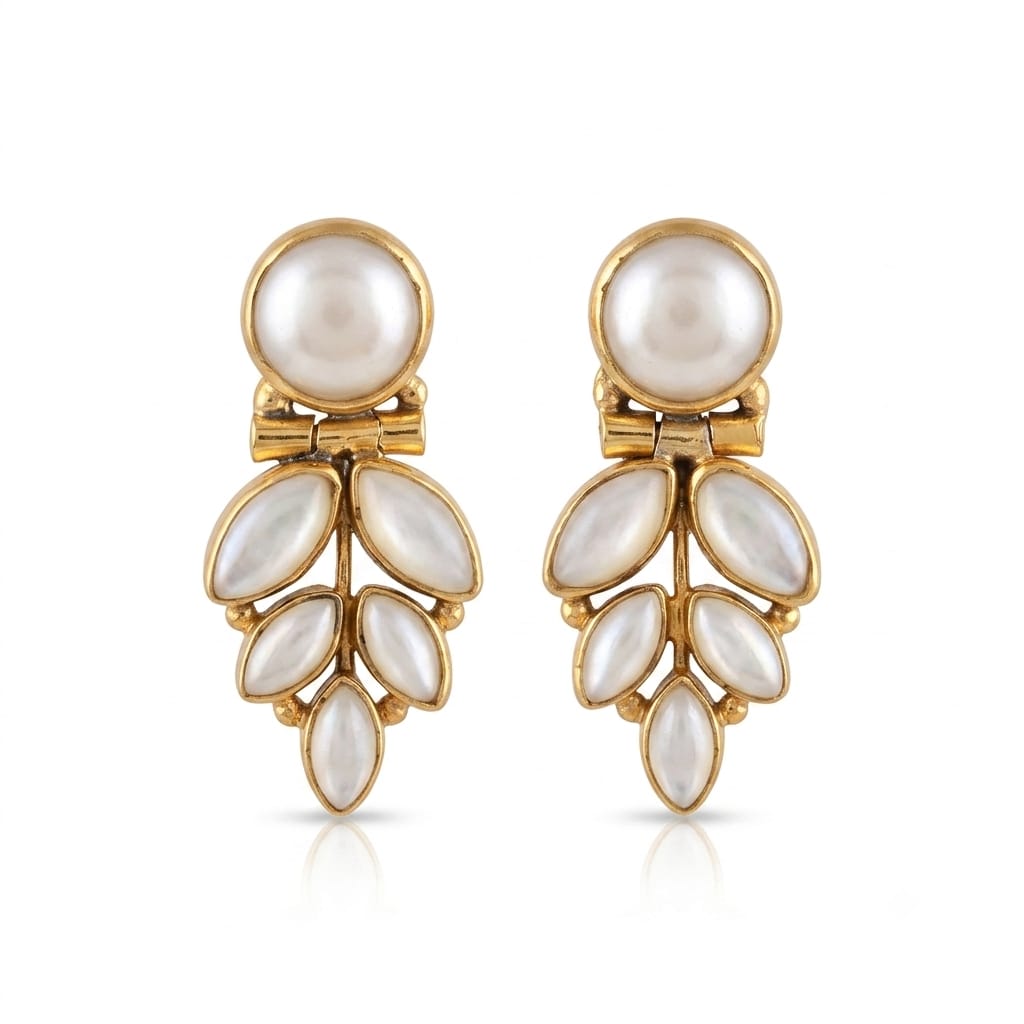 92.5 Sterling Silver Pearl Leaf Cluster Drop Earrings in Gold-Vermeil