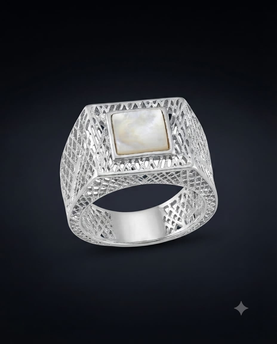 92.5 Sterling Silver Geometric Signet Ring with Mother-of-Pearl & AAA CZ Accents