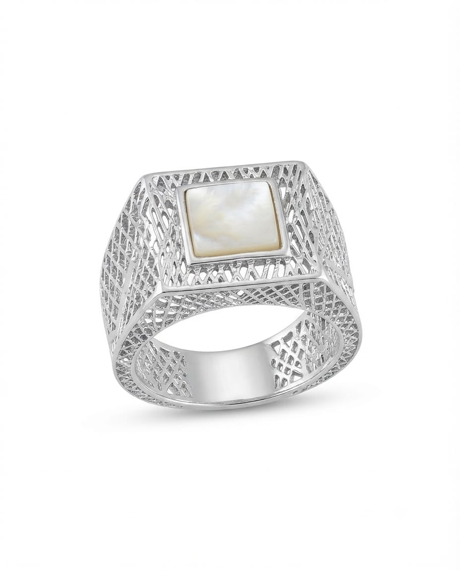 92.5 Sterling Silver Geometric Signet Ring with Mother-of-Pearl & AAA CZ Accents