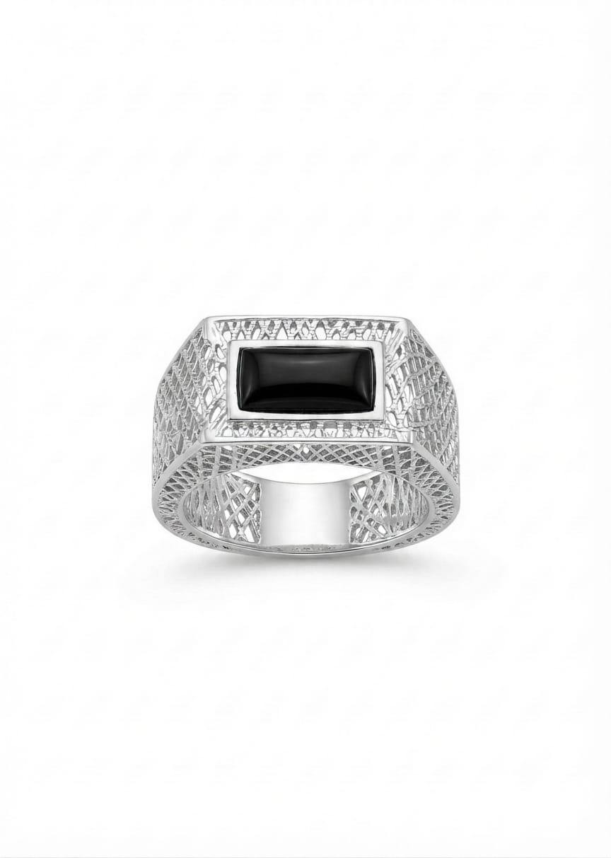 92.5 Sterling Silver Geometric Signet Ring with Black Onyx Inlay & CZ Accents