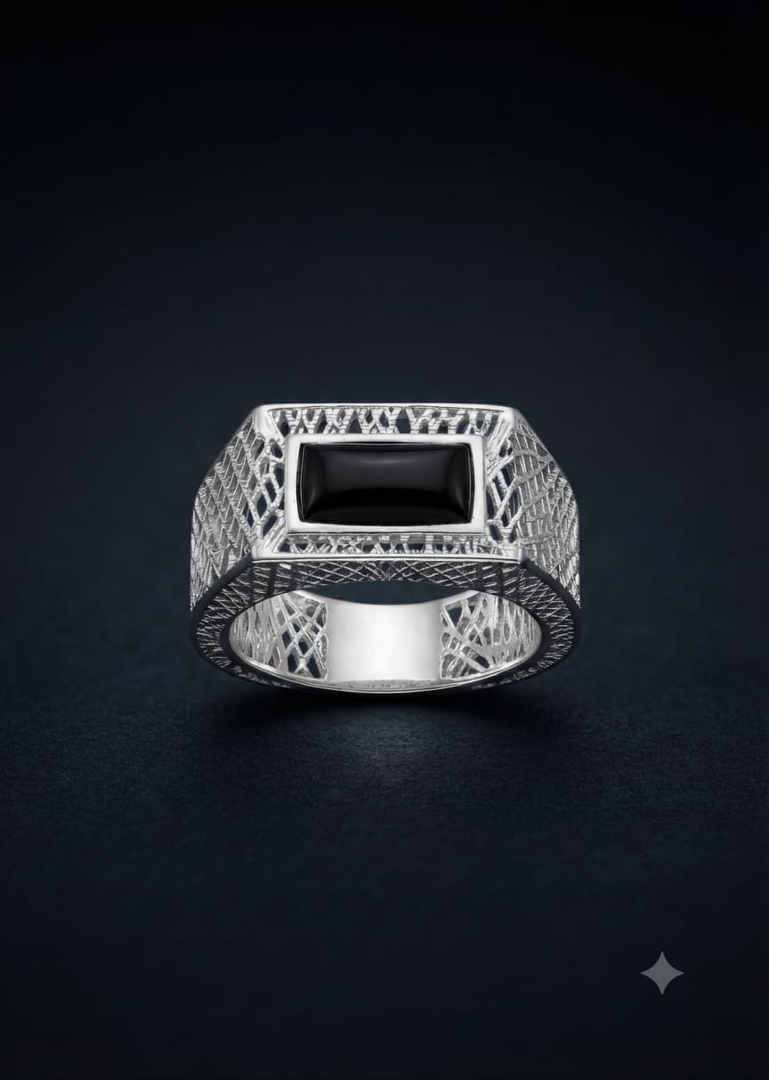 92.5 Sterling Silver Geometric Signet Ring with Black Onyx Inlay & CZ Accents