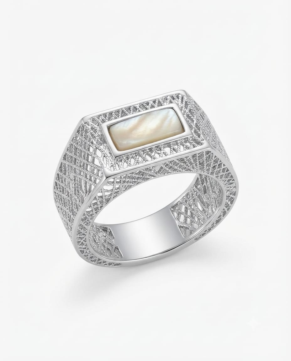 92.5 Sterling Silver Geometric Signet Ring with Mother-of-Pearl & CZ Accents