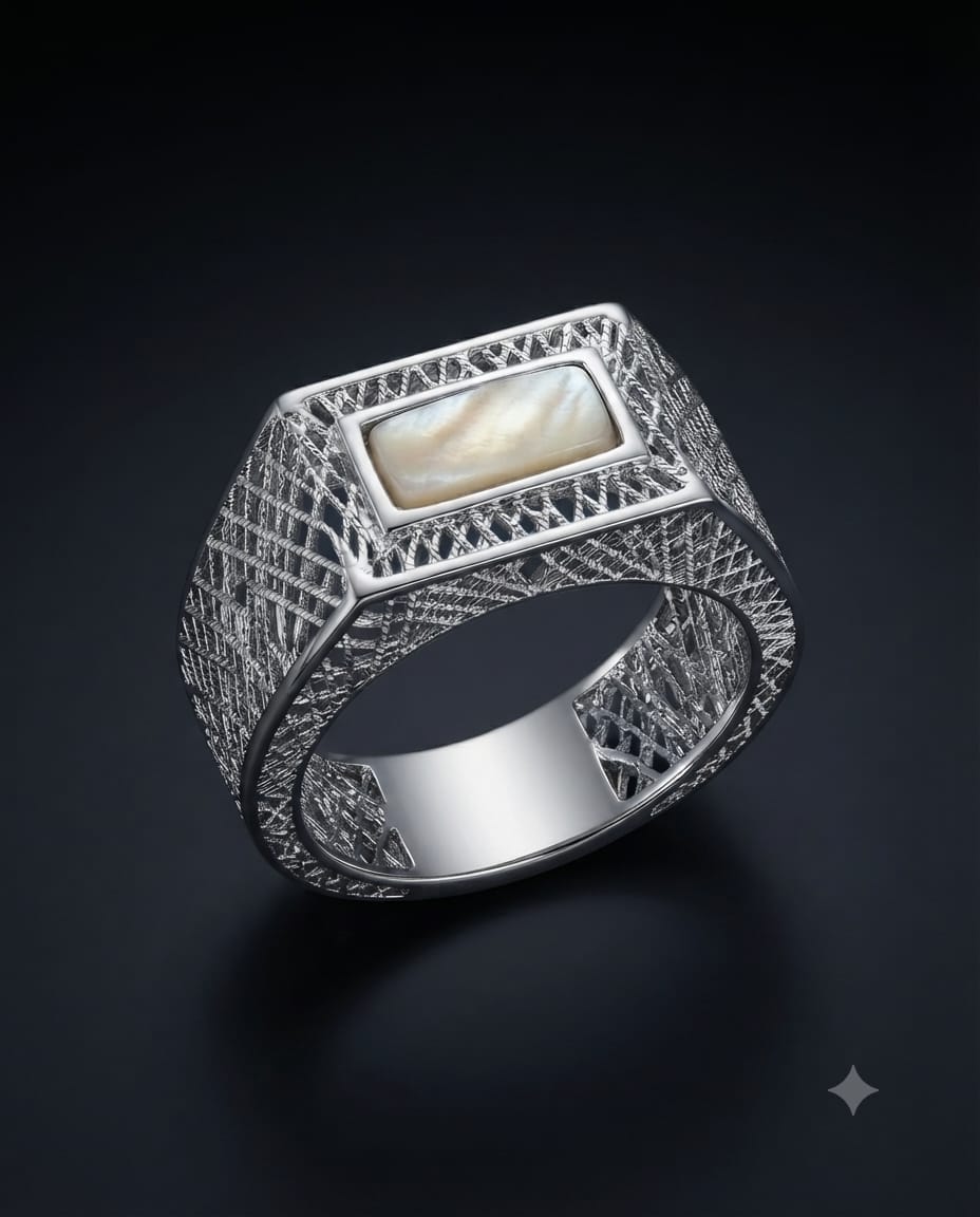 92.5 Sterling Silver Geometric Signet Ring with Mother-of-Pearl & CZ Accents