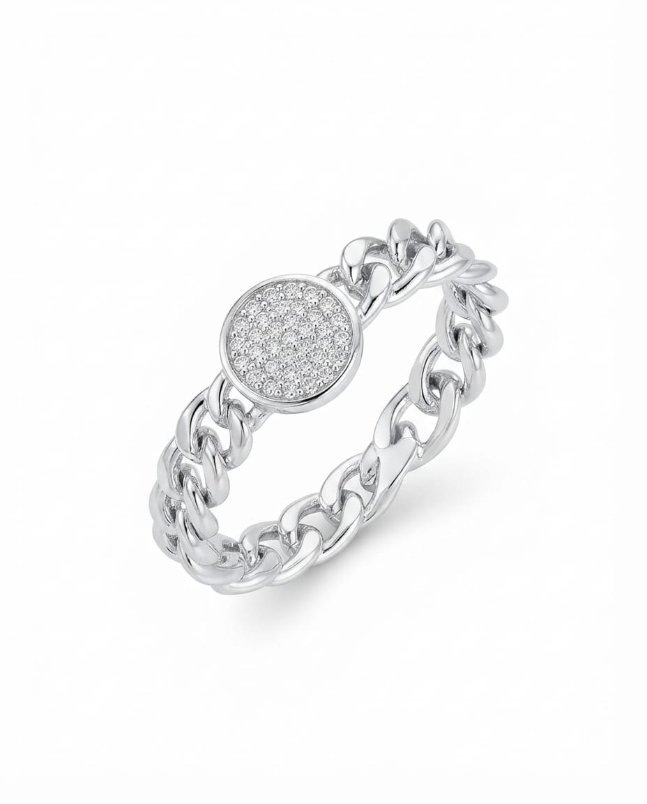 92.5 Sterling Silver Curb Chain Band with Round Pavé CZ Center Disk
