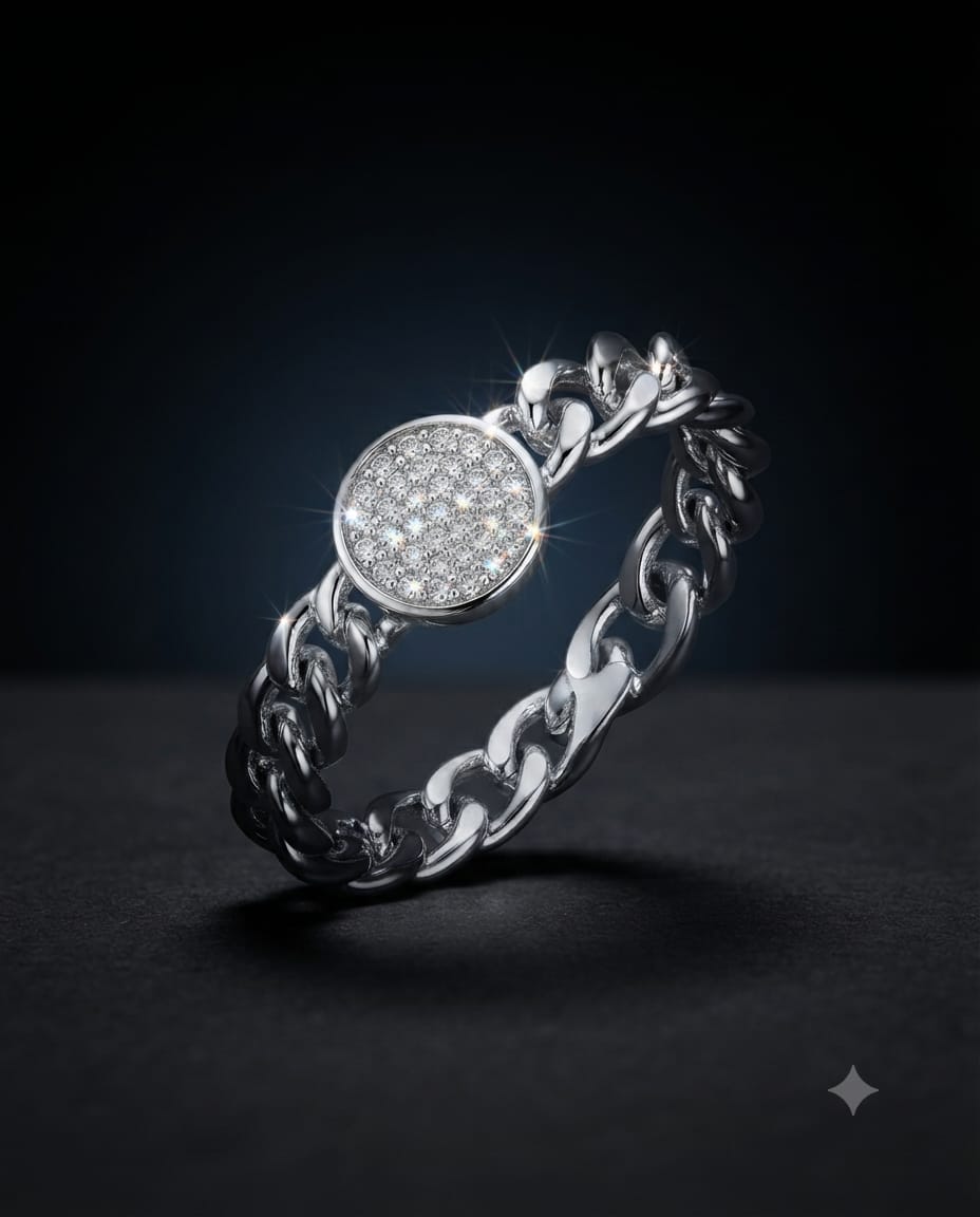 92.5 Sterling Silver Curb Chain Band with Round Pavé CZ Center Disk