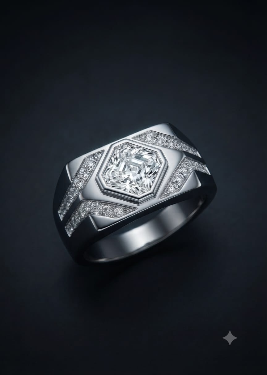 Architectural Bezel-Set Octagon Solitaire Ring with Pavé Shoulders in Sterling Silver