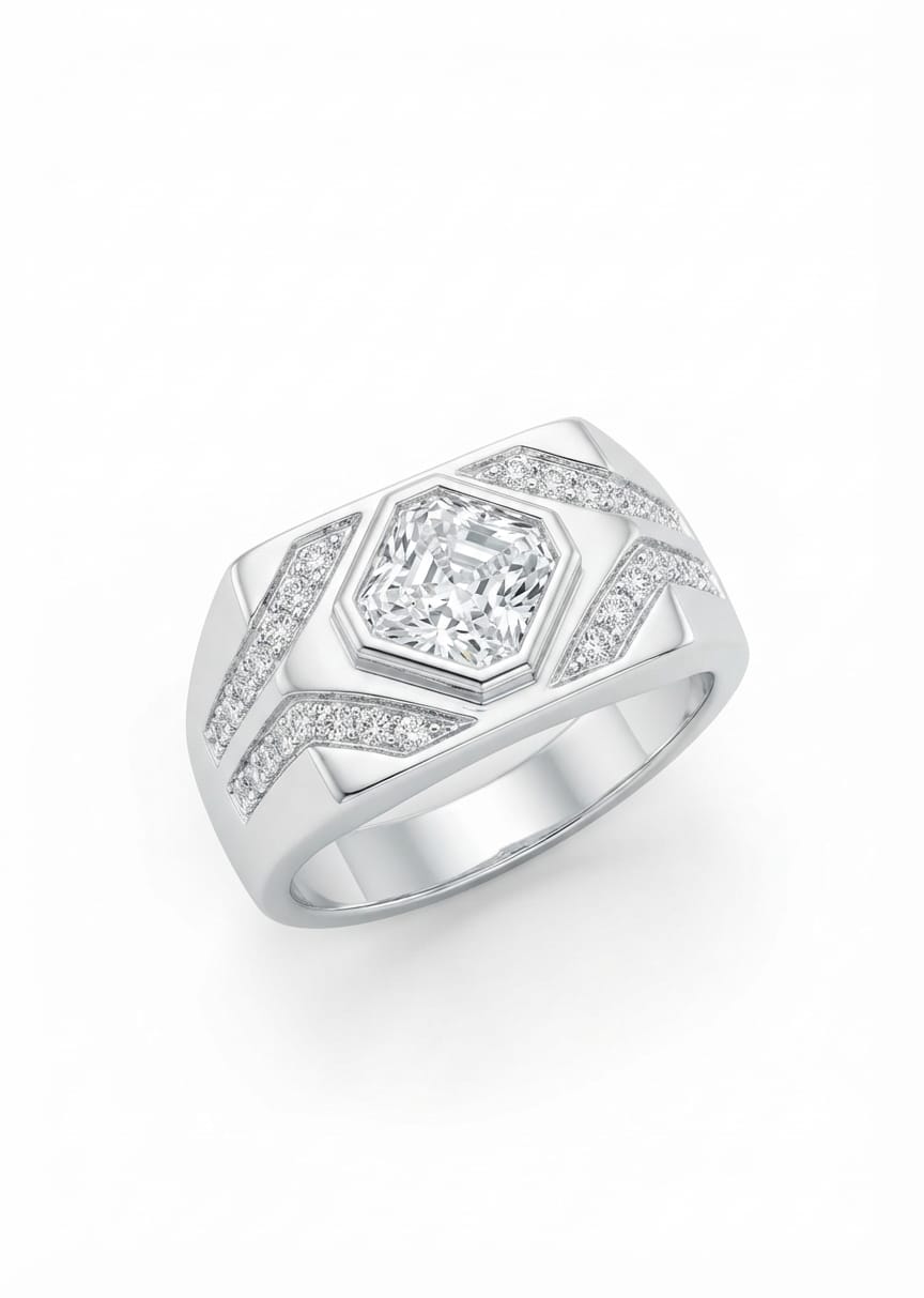 Architectural Bezel-Set Octagon Solitaire Ring with Pavé Shoulders in Sterling Silver